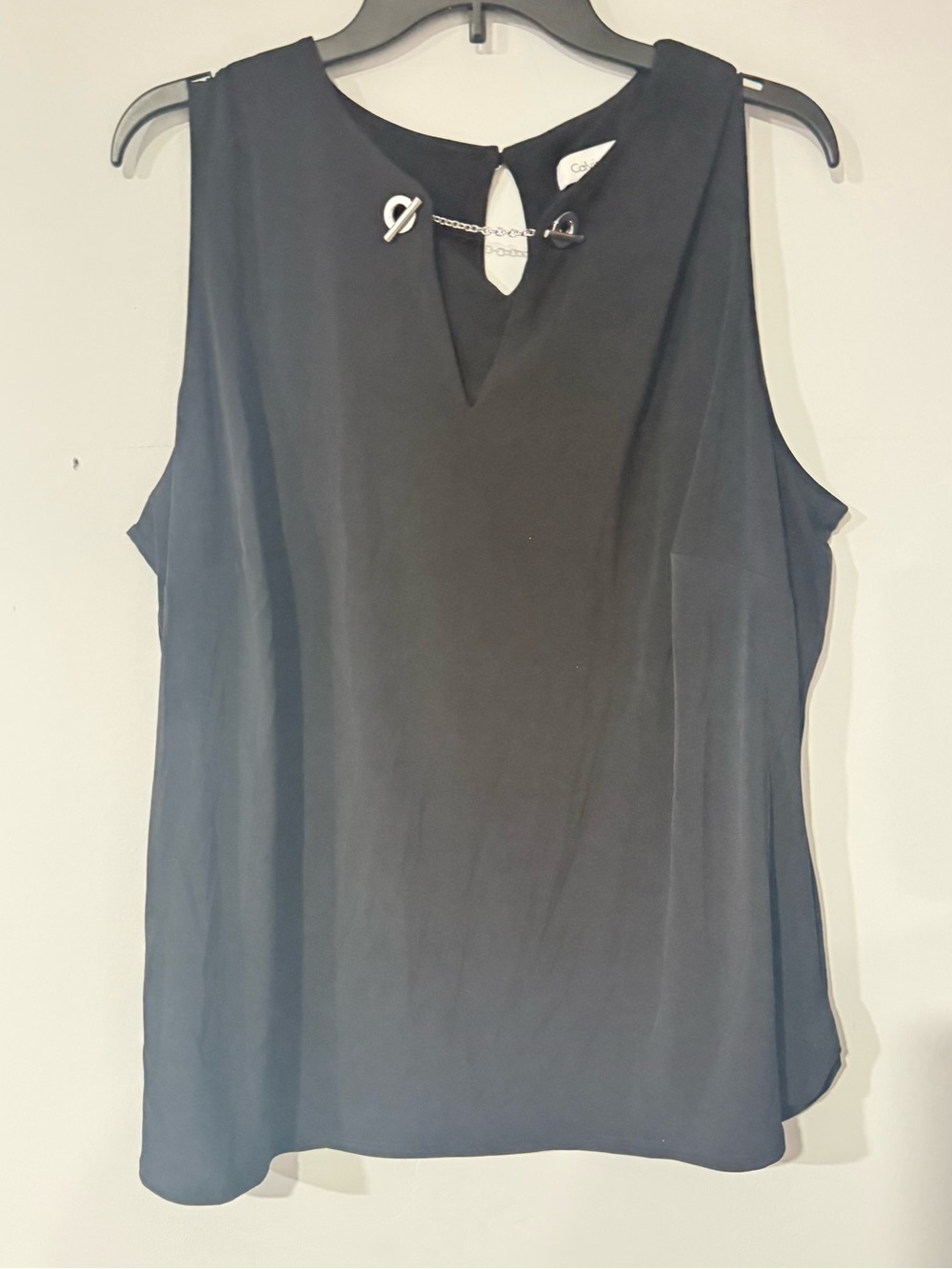 Calvin Klein Black Sleeveless Chiffon Camisole with Silver Chain Accent